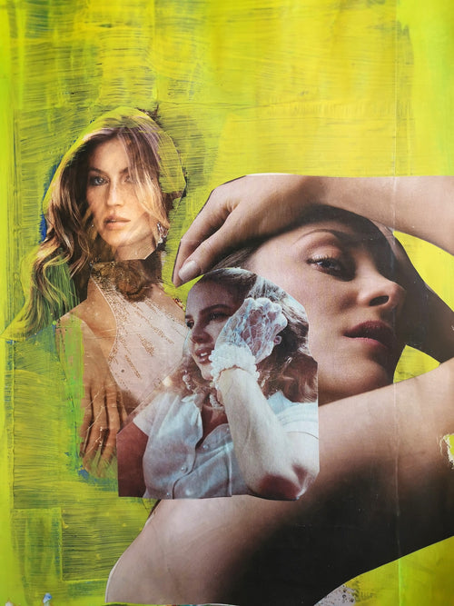 Balance Yourself – Digitale Collage von Tanja Hoffmann. Überlagerte Frauenporträts auf leuchtendem Gelb.